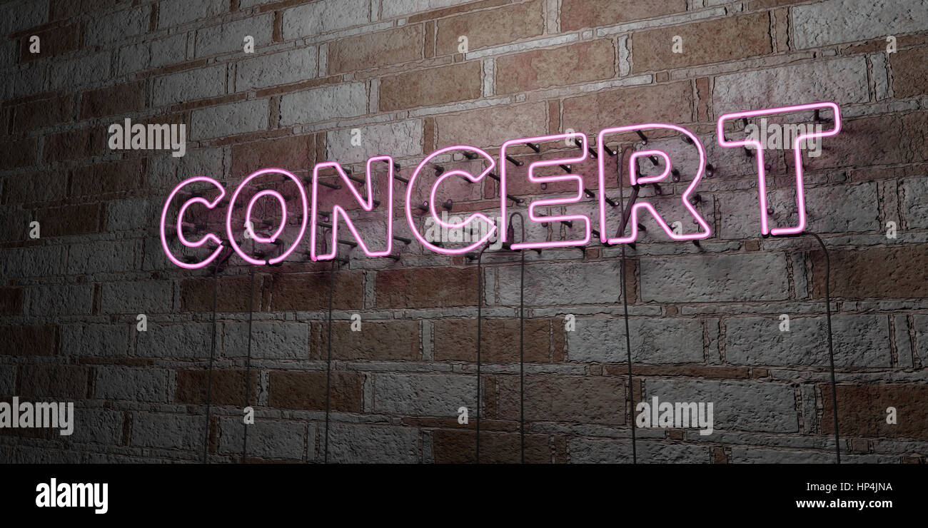CONCERT - Glowing Neon Sign on stonework wall - 3D rendered royalty free stock illustration.  Can be used for online banner ads and direct mailers. Stock Photo