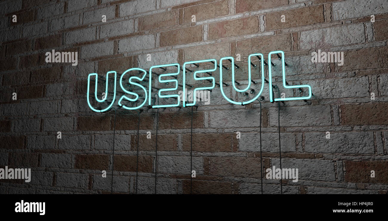 USEFUL - Glowing Neon Sign on stonework wall - 3D rendered royalty free stock illustration.  Can be used for online banner ads and direct mailers. Stock Photo