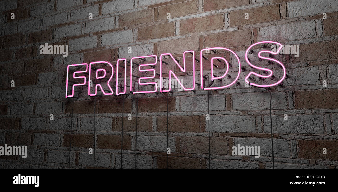 FRIENDS - Glowing Neon Sign on stonework wall - 3D rendered royalty ...