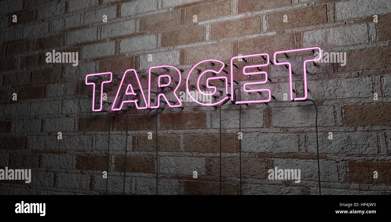 TARGET - Glowing Neon Sign on stonework wall - 3D rendered royalty free stock illustration.  Can be used for online banner ads and direct mailers. Stock Photo
