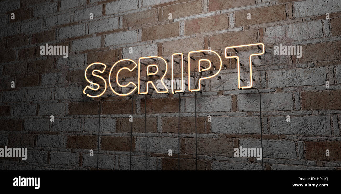 SCRIPT - Glowing Neon Sign on stonework wall - 3D rendered royalty free ...
