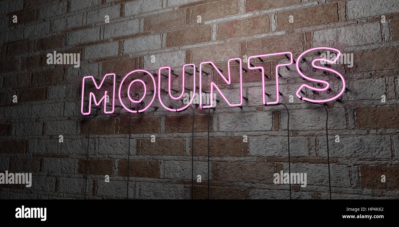 MOUNTS - Glowing Neon Sign on stonework wall - 3D rendered royalty free stock illustration.  Can be used for online banner ads and direct mailers. Stock Photo