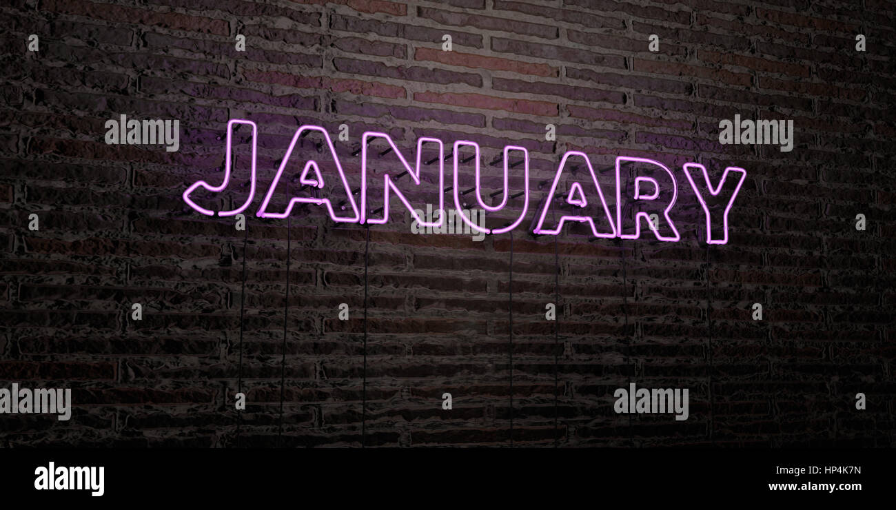 JANUARY -Realistic Neon Sign on Brick Wall background - 3D rendered ...