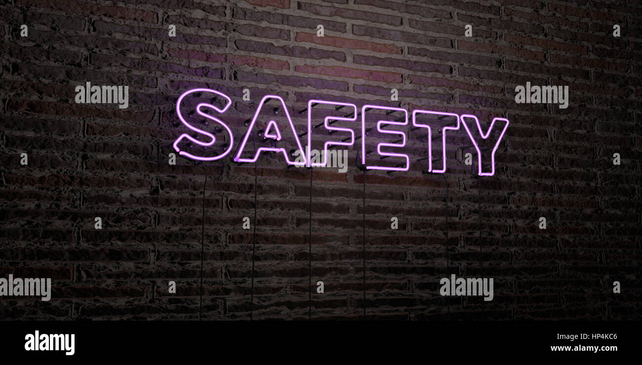 SAFETY -Realistic Neon Sign on Brick Wall background - 3D rendered ...