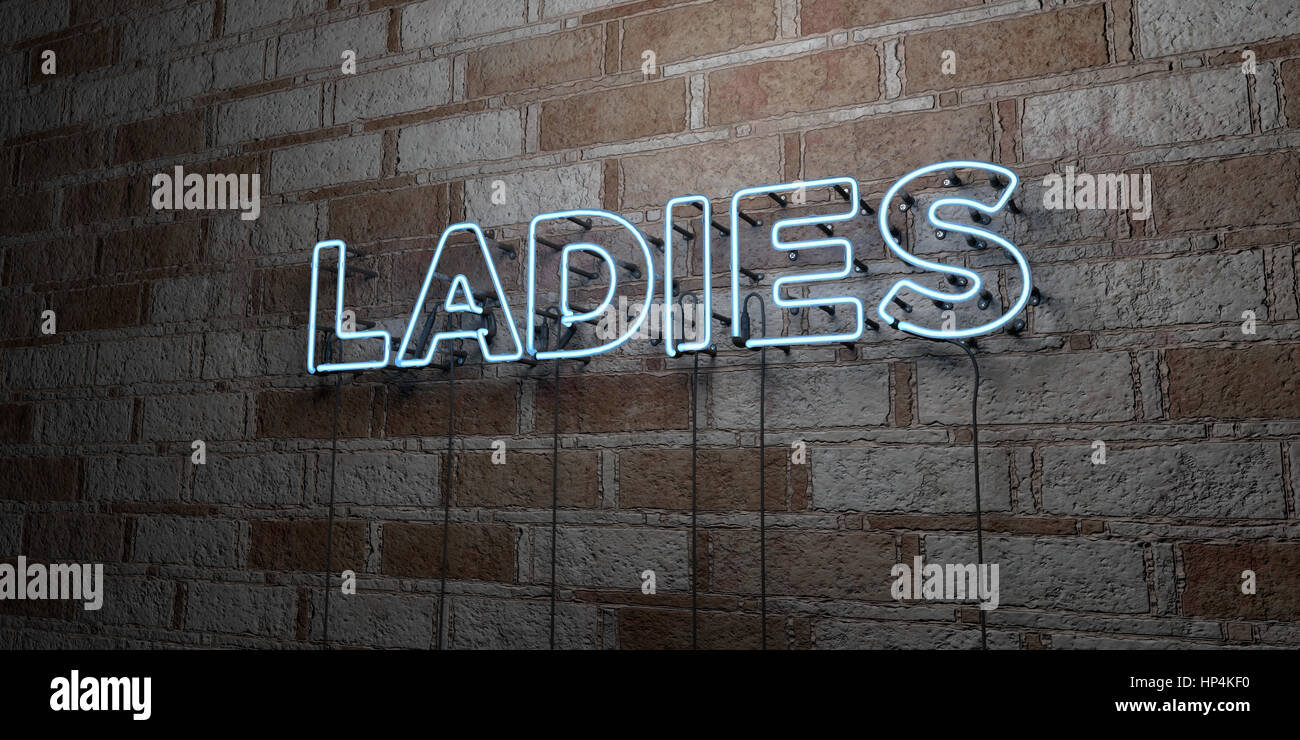 LADIES - Glowing Neon Sign on stonework wall - 3D rendered royalty free stock illustration.  Can be used for online banner ads and direct mailers. Stock Photo