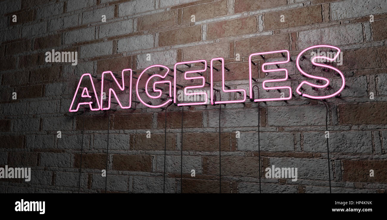ANGELES - Glowing Neon Sign on stonework wall - 3D rendered royalty free stock illustration.  Can be used for online banner ads and direct mailers. Stock Photo
