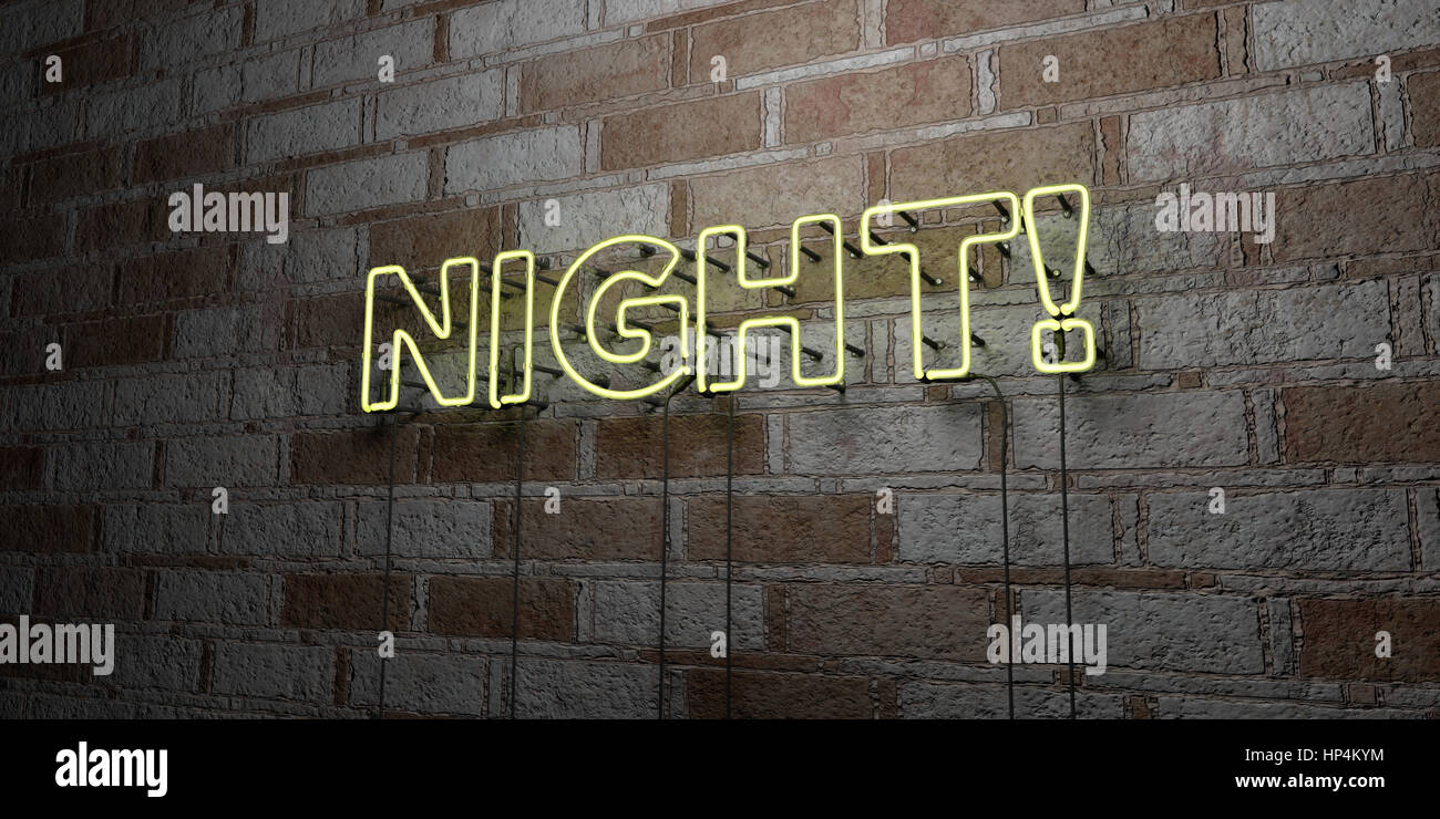 NIGHT! - Glowing Neon Sign on stonework wall - 3D rendered royalty free stock illustration.  Can be used for online banner ads and direct mailers. Stock Photo