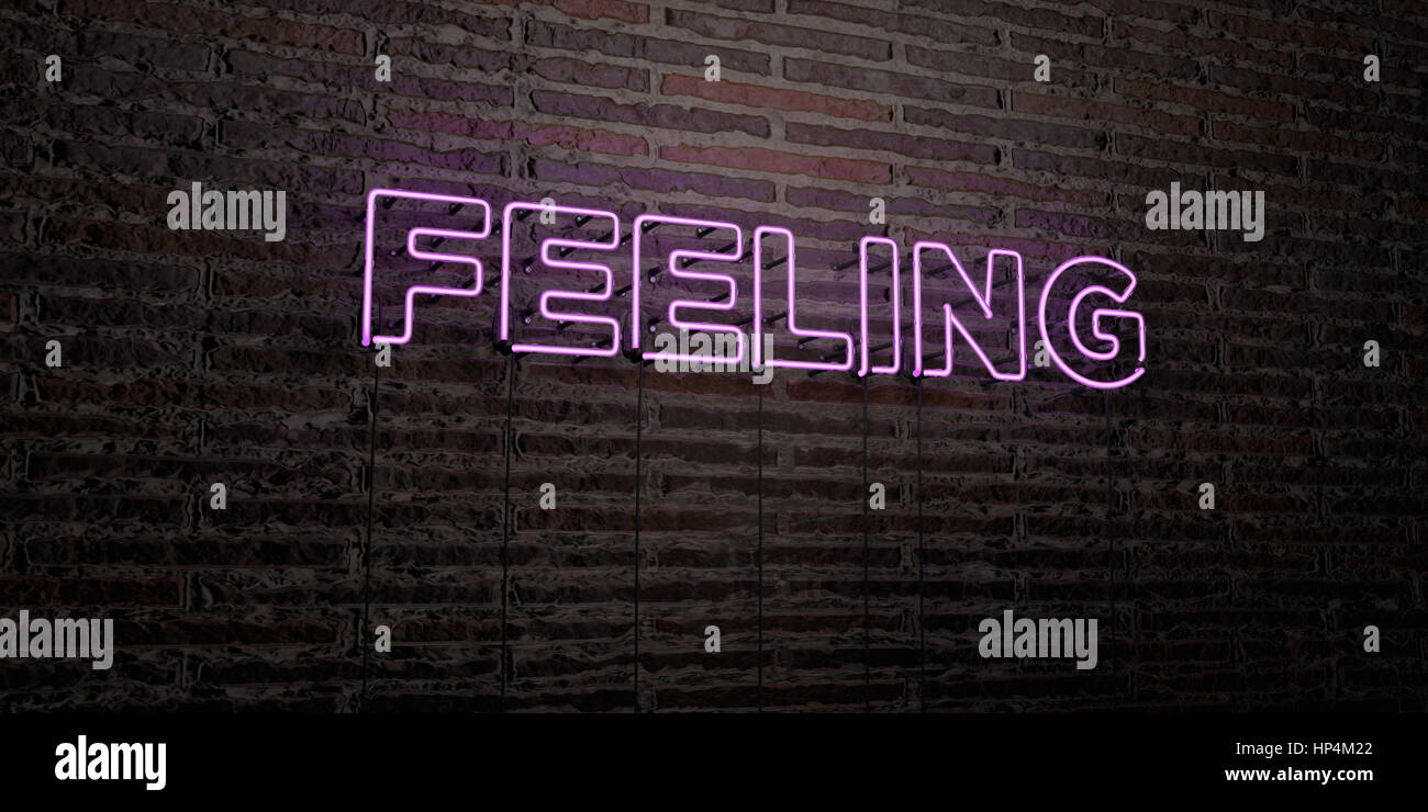 FEELING -Realistic Neon Sign on Brick Wall background - 3D rendered ...