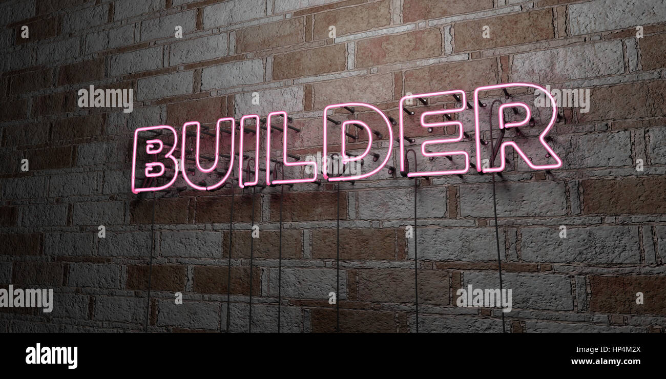 BUILDER - Glowing Neon Sign on stonework wall - 3D rendered royalty free stock illustration.  Can be used for online banner ads and direct mailers. Stock Photo