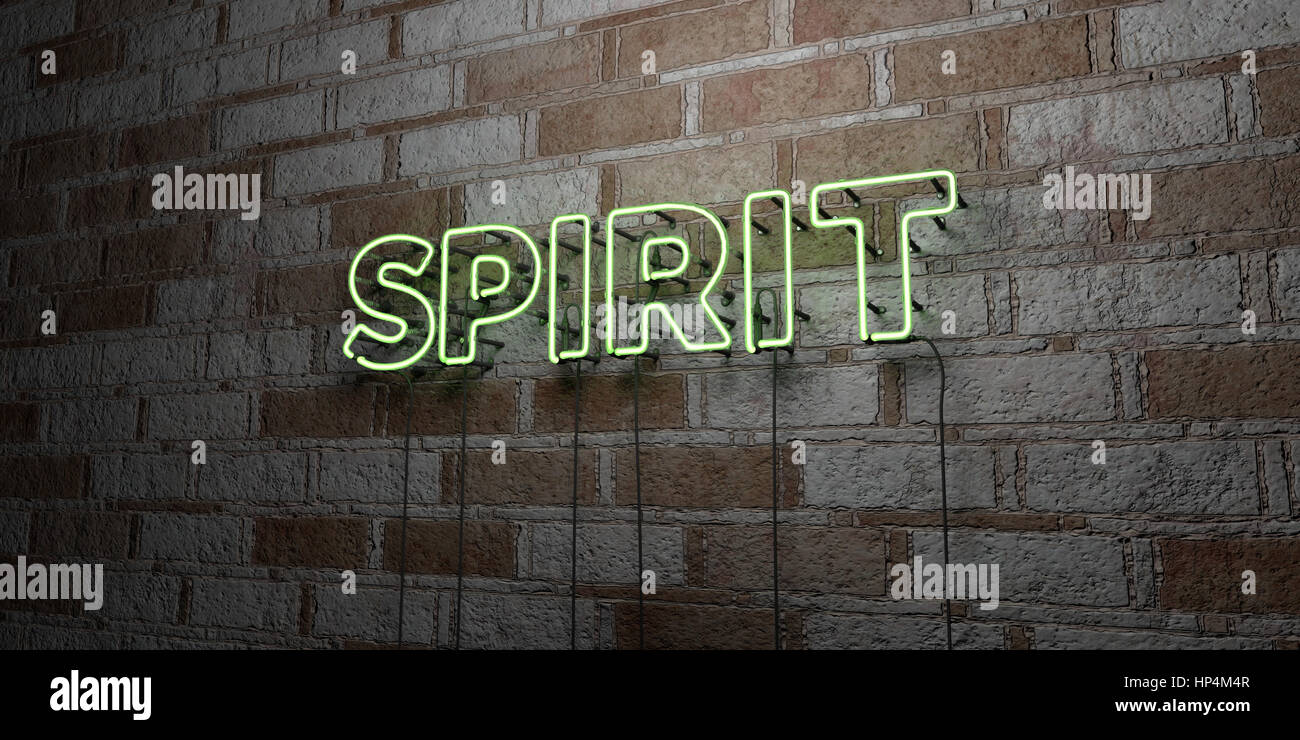SPIRIT - Glowing Neon Sign on stonework wall - 3D rendered royalty free stock illustration.  Can be used for online banner ads and direct mailers. Stock Photo