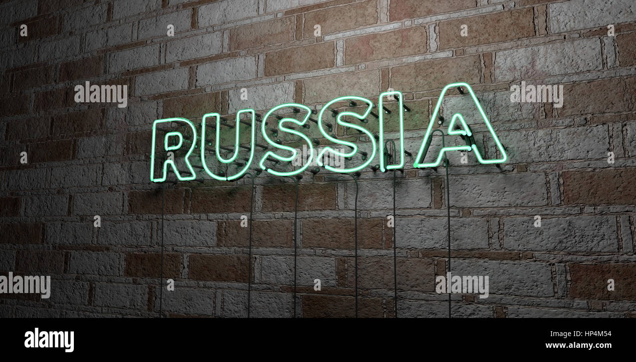 RUSSIA - Glowing Neon Sign on stonework wall - 3D rendered royalty free stock illustration.  Can be used for online banner ads and direct mailers. Stock Photo