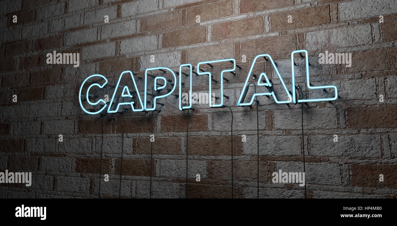 CAPITAL - Glowing Neon Sign on stonework wall - 3D rendered royalty free stock illustration.  Can be used for online banner ads and direct mailers. Stock Photo