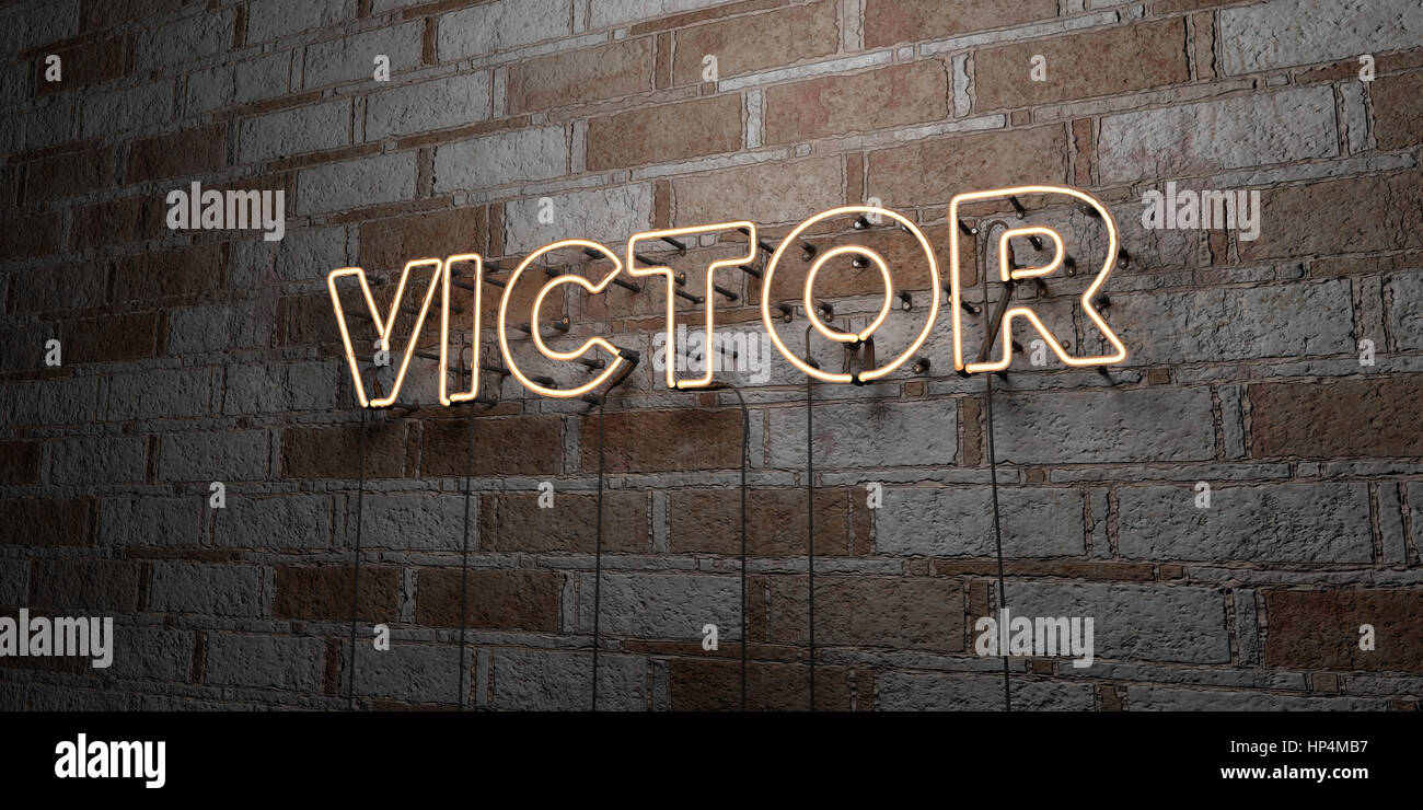 VICTOR - Glowing Neon Sign on stonework wall - 3D rendered royalty free stock illustration.  Can be used for online banner ads and direct mailers. Stock Photo