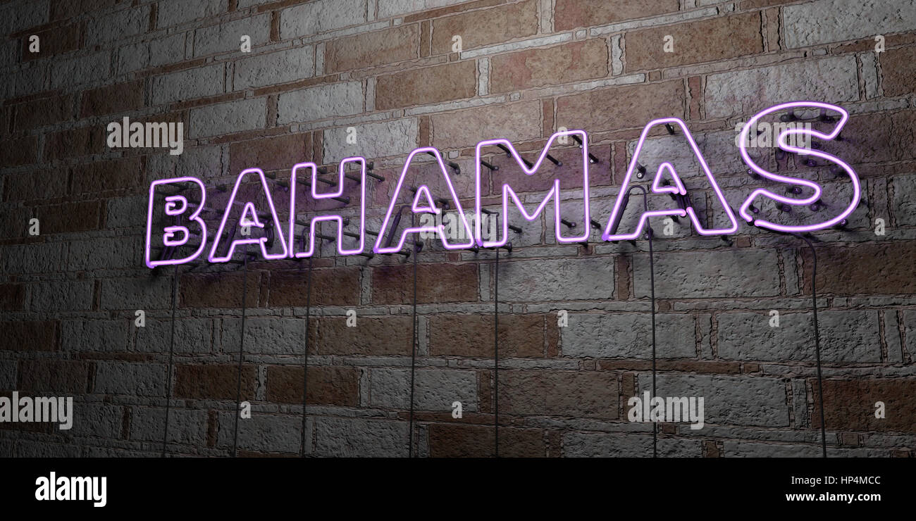 BAHAMAS - Glowing Neon Sign on stonework wall - 3D rendered royalty free stock illustration.  Can be used for online banner ads and direct mailers. Stock Photo