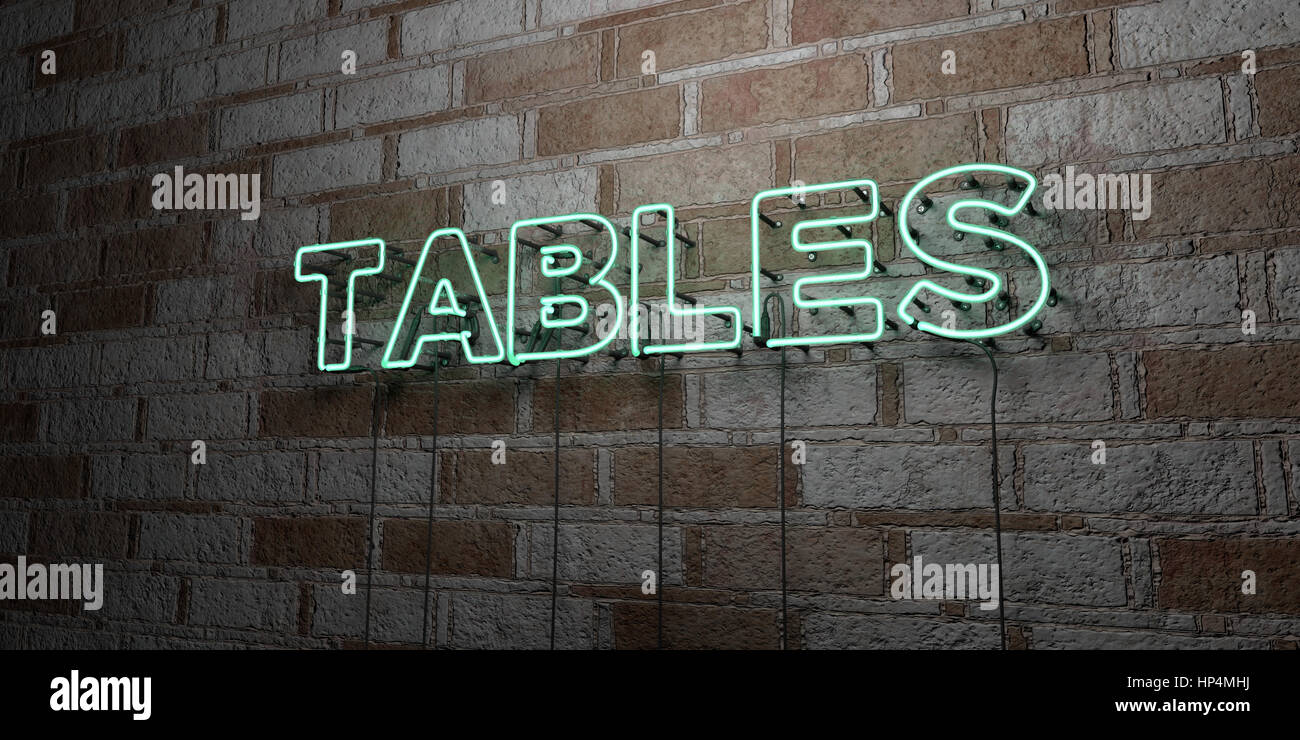 TABLES - Glowing Neon Sign on stonework wall - 3D rendered royalty free stock illustration.  Can be used for online banner ads and direct mailers. Stock Photo