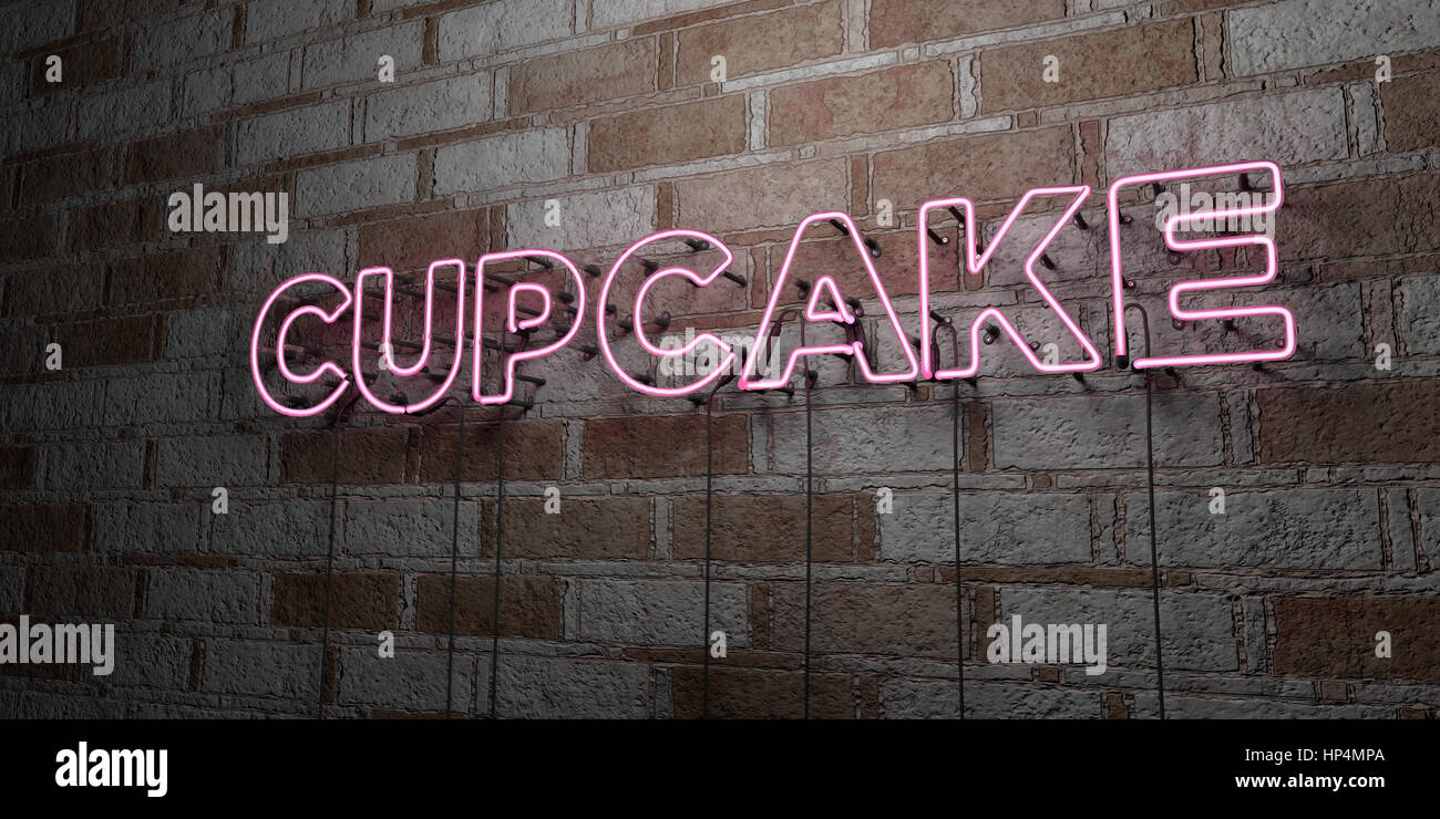 CUPCAKE - Glowing Neon Sign on stonework wall - 3D rendered royalty free stock illustration.  Can be used for online banner ads and direct mailers. Stock Photo