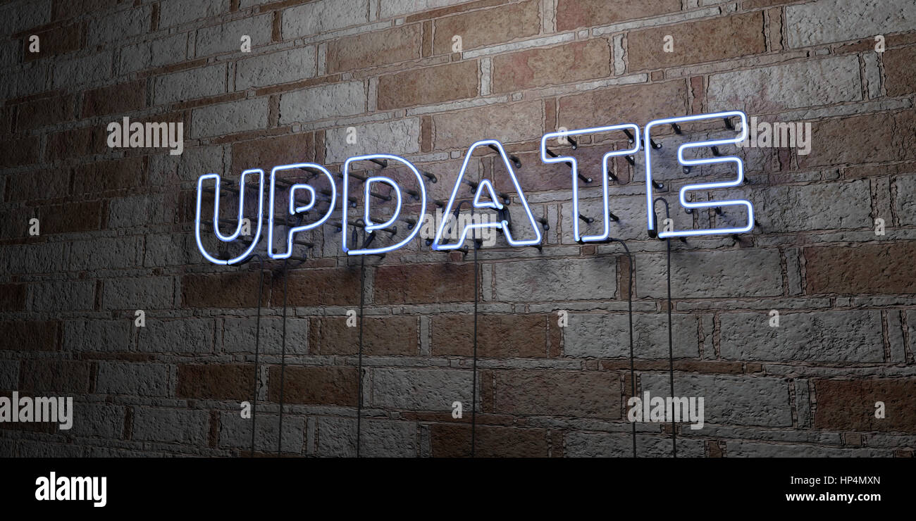 UPDATE - Glowing Neon Sign on stonework wall - 3D rendered royalty free stock illustration.  Can be used for online banner ads and direct mailers. Stock Photo