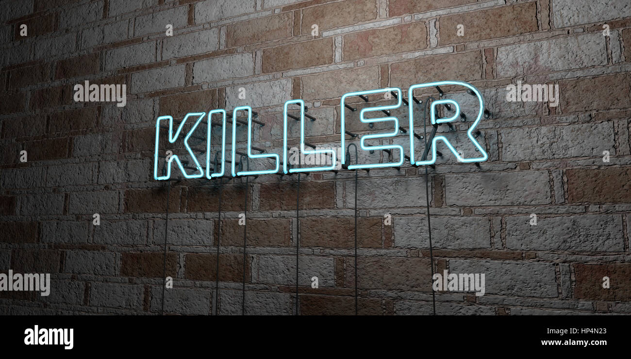 KILLER - Glowing Neon Sign on stonework wall - 3D rendered royalty free stock illustration.  Can be used for online banner ads and direct mailers. Stock Photo