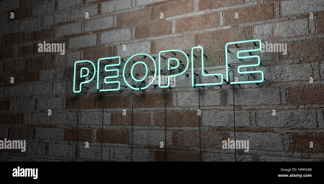 PEOPLE - Glowing Neon Sign on stonework wall - 3D rendered royalty free stock illustration.  Can be used for online banner ads and direct mailers. Stock Photo