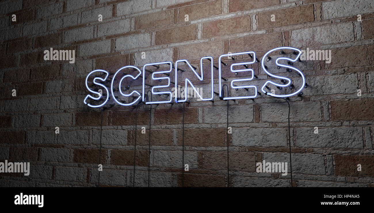 SCENES - Glowing Neon Sign on stonework wall - 3D rendered royalty free stock illustration.  Can be used for online banner ads and direct mailers. Stock Photo