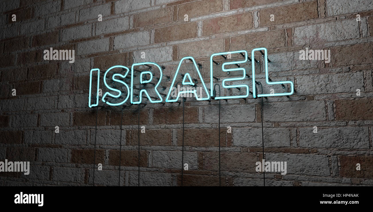 ISRAEL - Glowing Neon Sign on stonework wall - 3D rendered royalty free stock illustration.  Can be used for online banner ads and direct mailers. Stock Photo