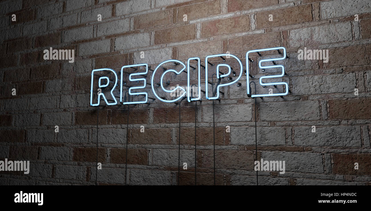 RECIPE - Glowing Neon Sign on stonework wall - 3D rendered royalty free stock illustration.  Can be used for online banner ads and direct mailers. Stock Photo