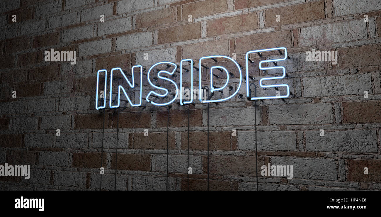 INSIDE - Glowing Neon Sign on stonework wall - 3D rendered royalty free ...