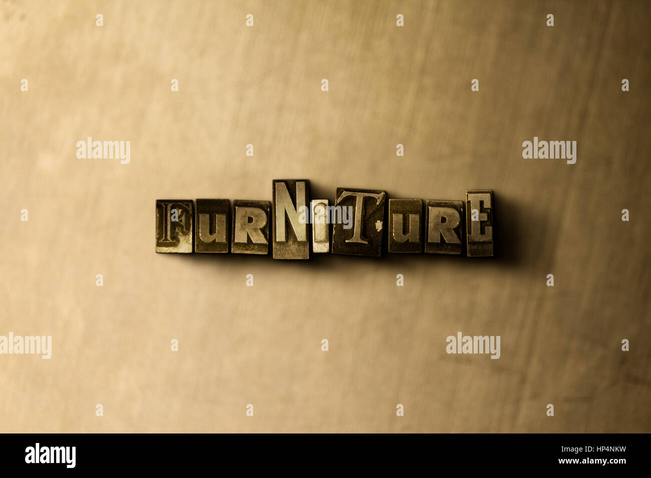 Furniture Close Up Of Grungy Vintage Typeset Word On Metal Stock