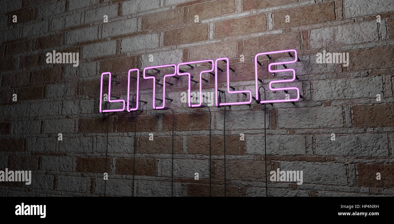 LITTLE - Glowing Neon Sign on stonework wall - 3D rendered royalty free ...