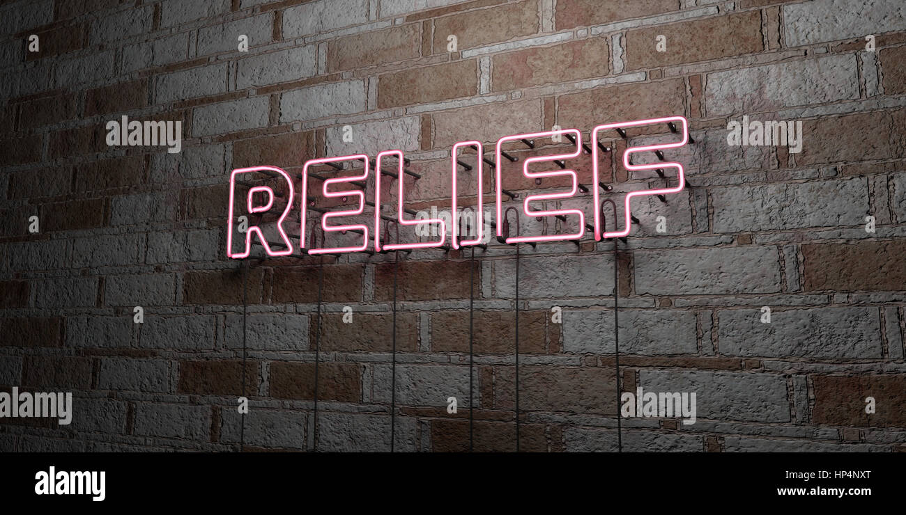 RELIEF - Glowing Neon Sign on stonework wall - 3D rendered royalty free ...