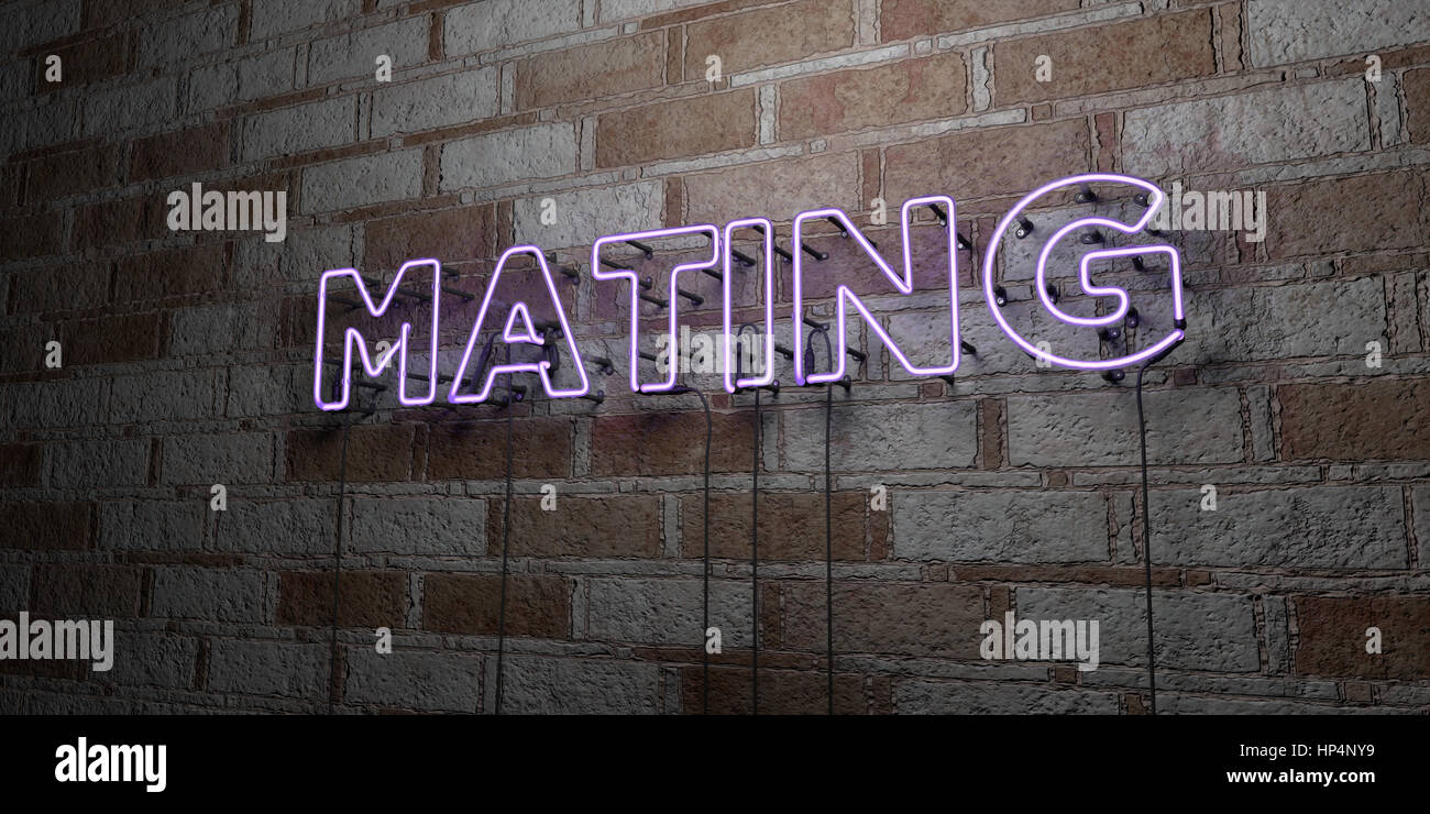 MATING - Glowing Neon Sign on stonework wall - 3D rendered royalty free stock illustration.  Can be used for online banner ads and direct mailers. Stock Photo