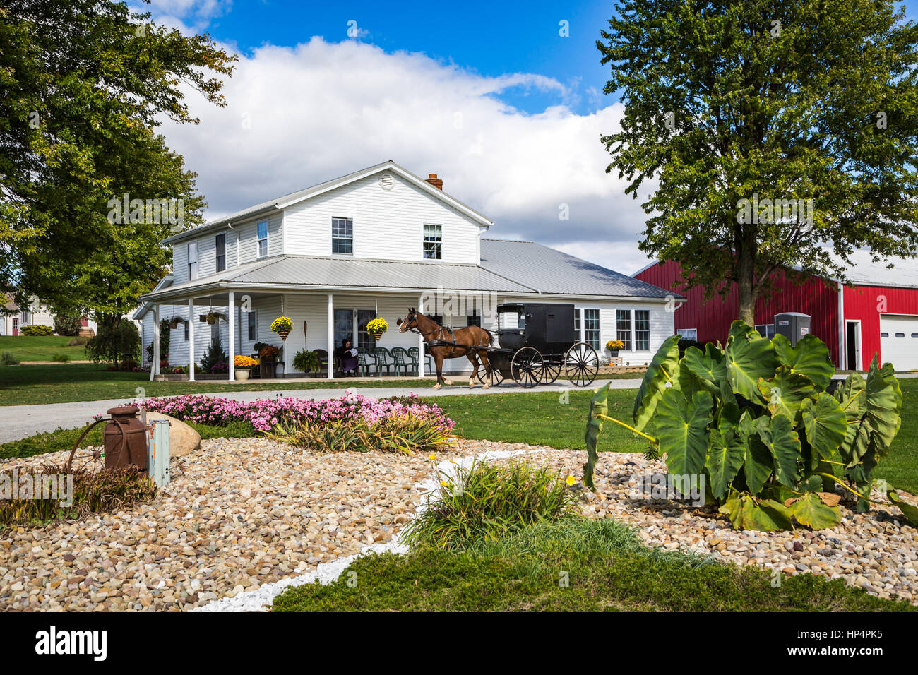 An Amish farm home with horse and buggies near Kidron, Ohio, USA Stock