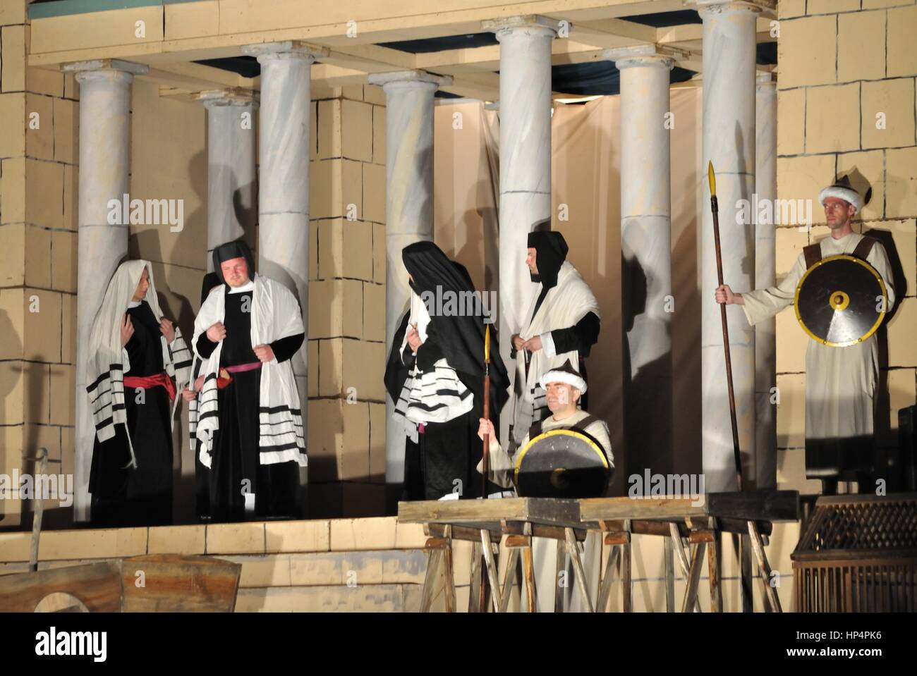 Mystery of the Passion - Actors reenacting the Sanhedrin trial of Jesus. Outdoor spectacle, directed by Artur Piotrowski. Stock Photo