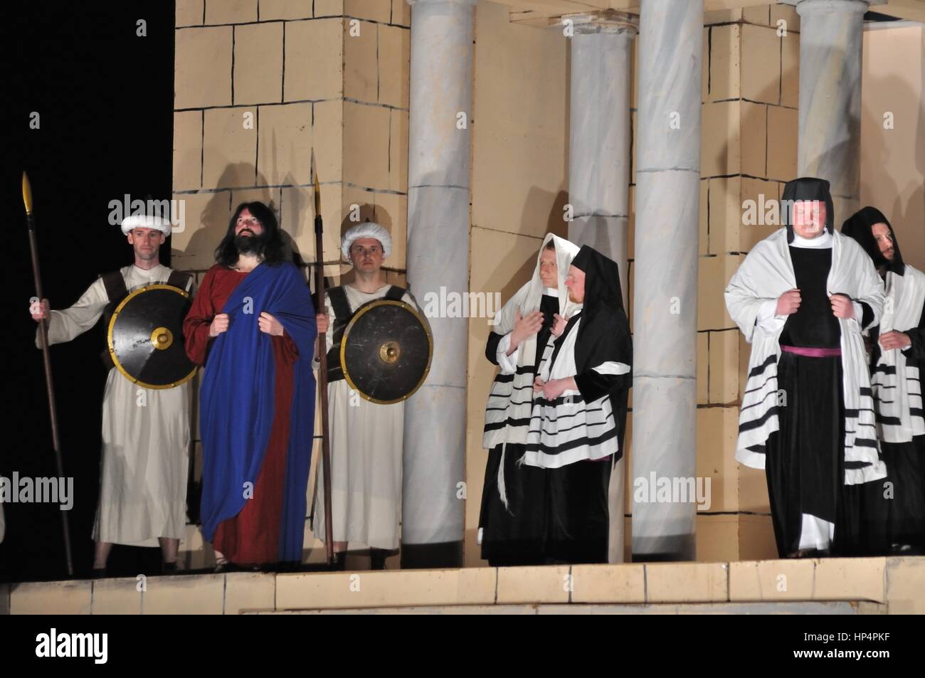 Mystery of the Passion - Actors reenacting the Sanhedrin trial of Jesus. Outdoor spectacle, directed by Artur Piotro Stock Photo