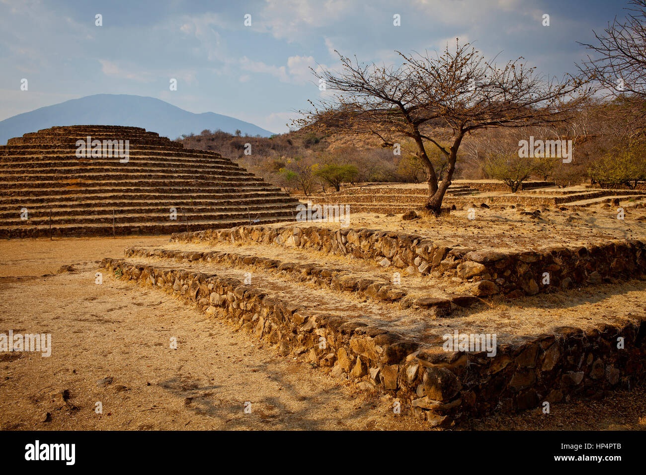 In background circular stepped pyramid, Guachimontones archaeological site , near Teuchitlan, Jalisco, Mexico Stock Photo