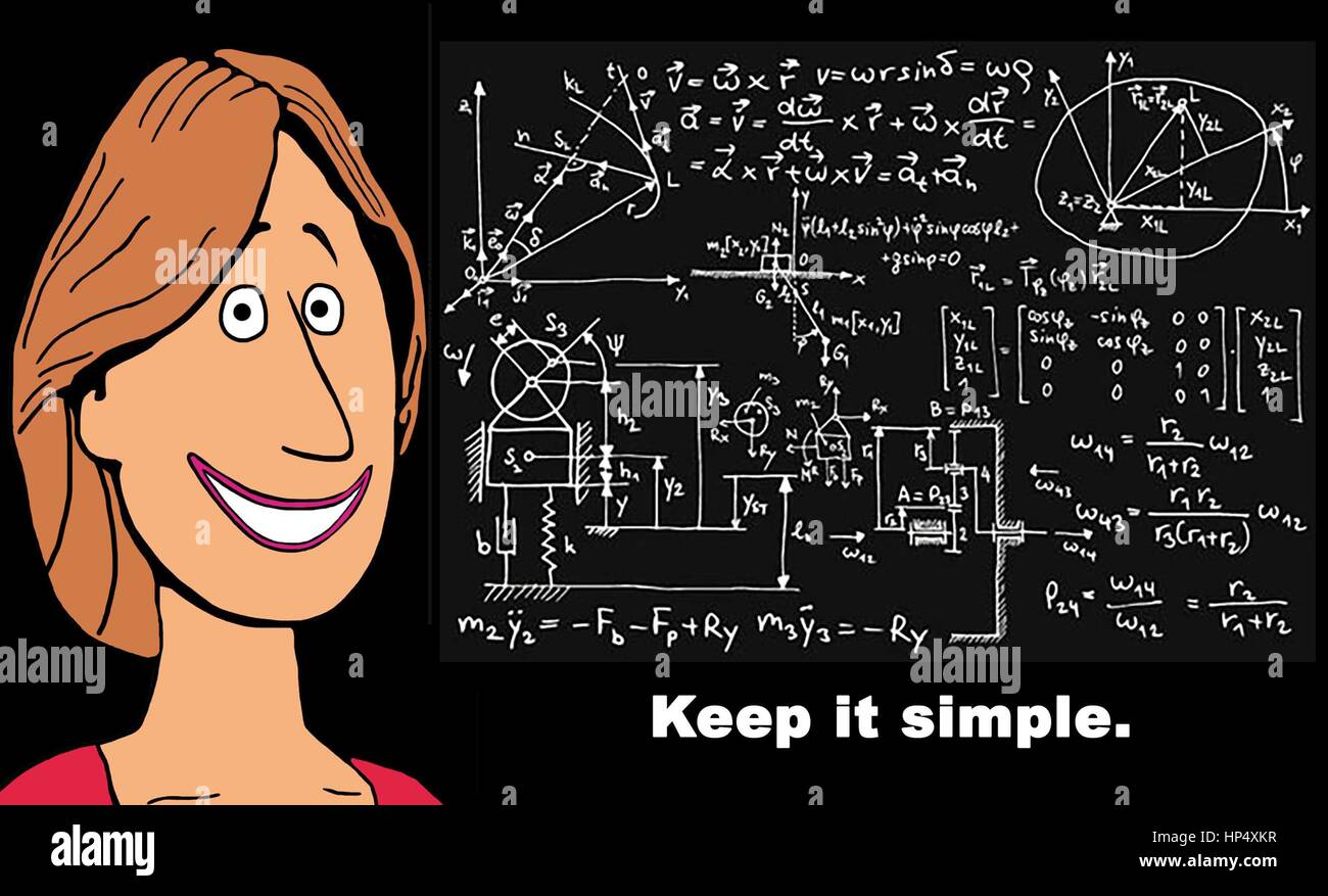Smiling woman beside a blackboard filled with complicated equations and the words 'keep it simple'. Stock Photo