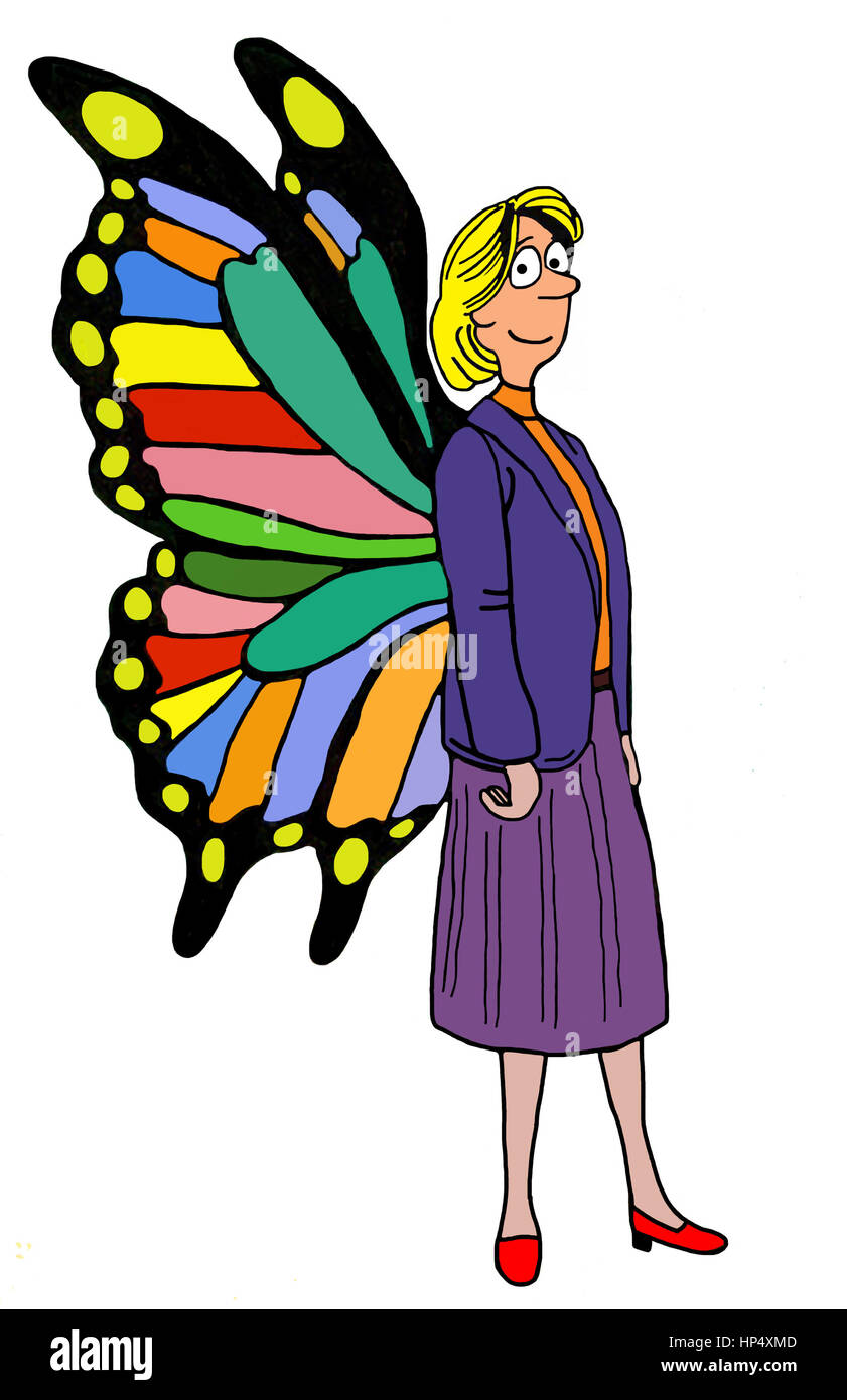 Color illustration of smiling business woman with butterfly wings on her back. Stock Photo