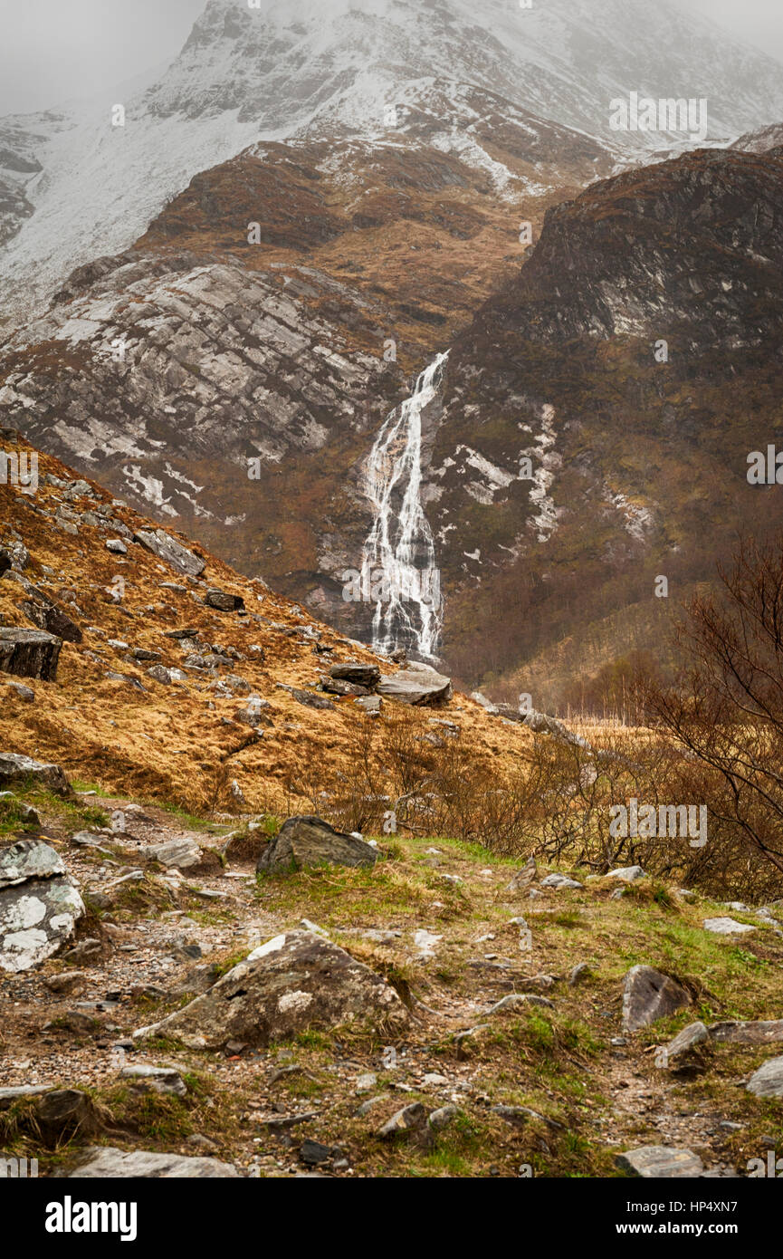 View of Steall Falls, a waterfall in the Highlands Scotland. Famous by