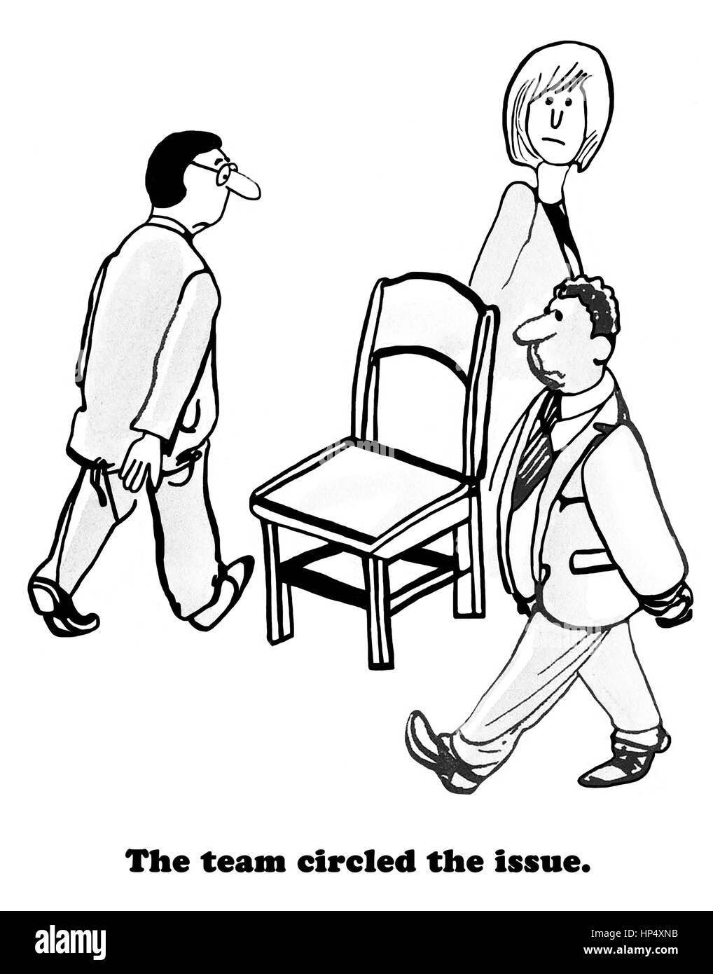 Business cartoon of a team of people circling a chair. Stock Photo