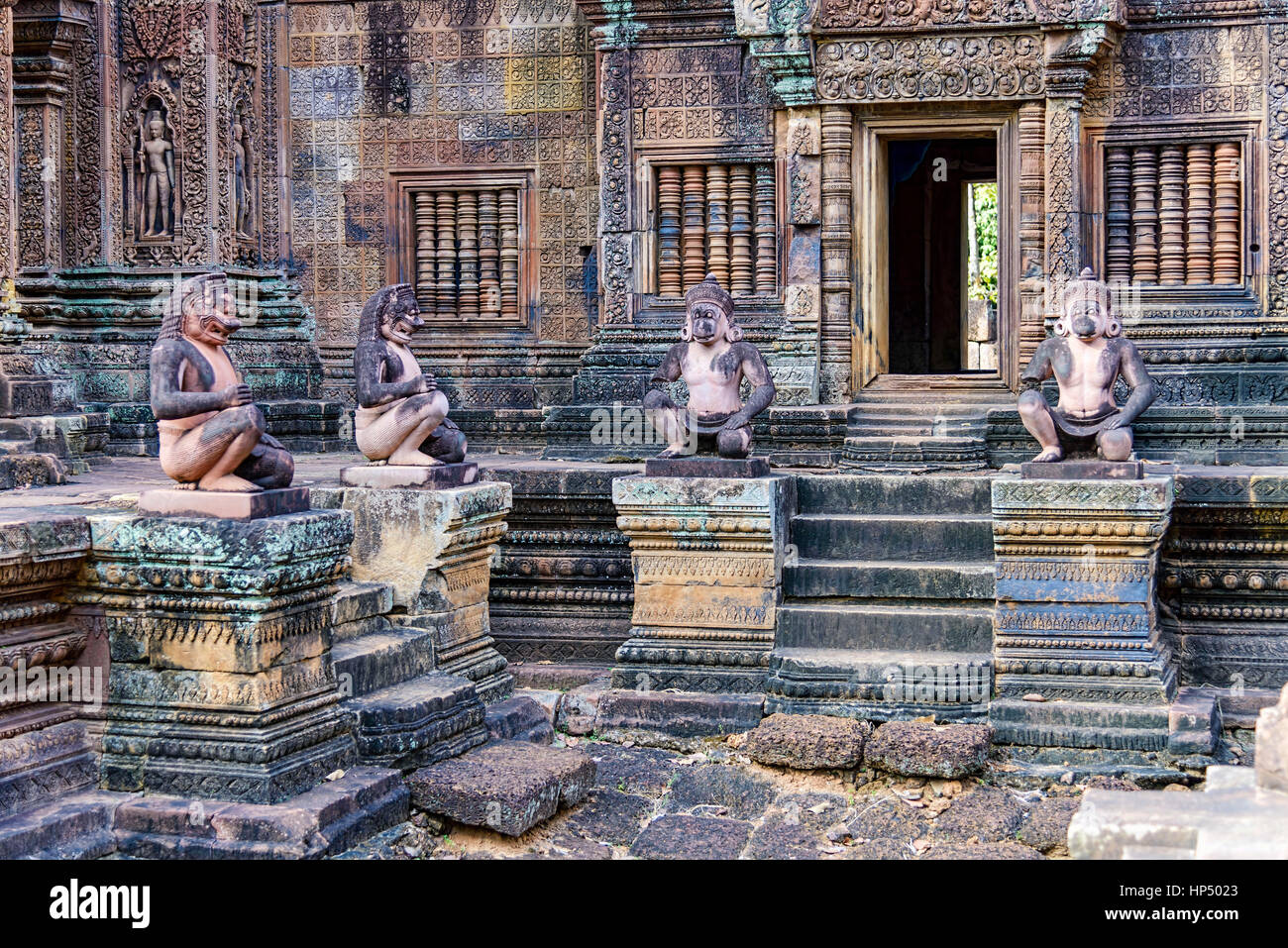 Monkey guardians at Banteay Srei temple, Cambodia. Located in the area of Angkor, was dedicated to the Hindu god Shiva Stock Photo