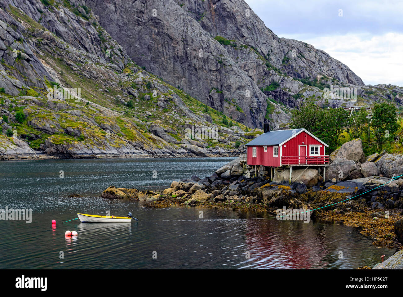 Traditional rorbu in Nusfjord settlement, Lofoten islands. Rorbu is type of house used by fishermen Stock Photo