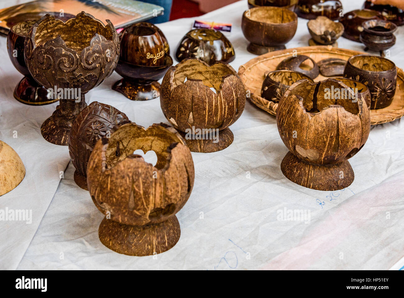 Beautiful handmade decorative items at a shop for sale. The crafts of