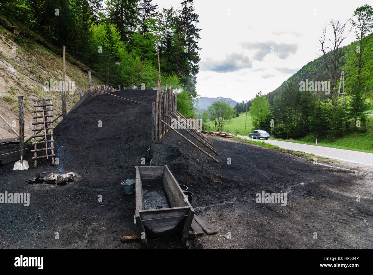 Rohr im Gebirge, In service coal charcoal maker, Wienerwald, Vienna Woods, Niederösterreich, Lower Austria, Austria Stock Photo