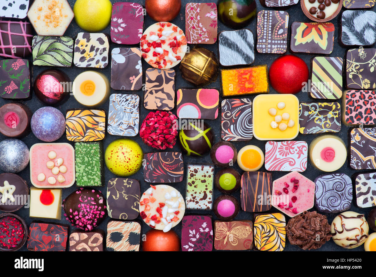 Handmade luxury artisian speciality chocolates pattern Stock Photo