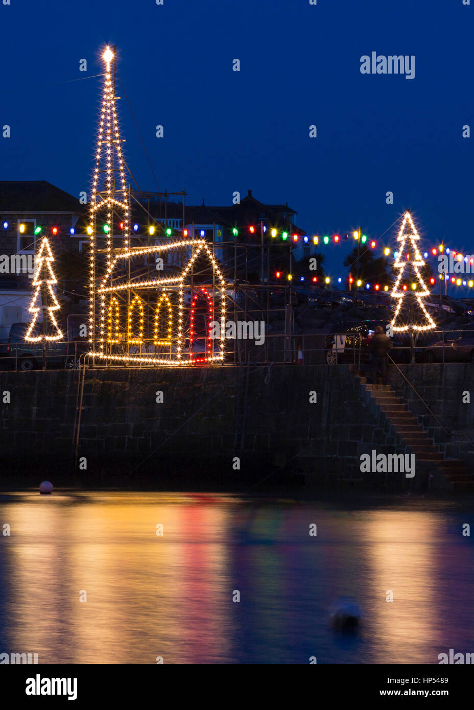 Church, Mousehole Christmas Lights, Cornwall, England, UK Stock Photo