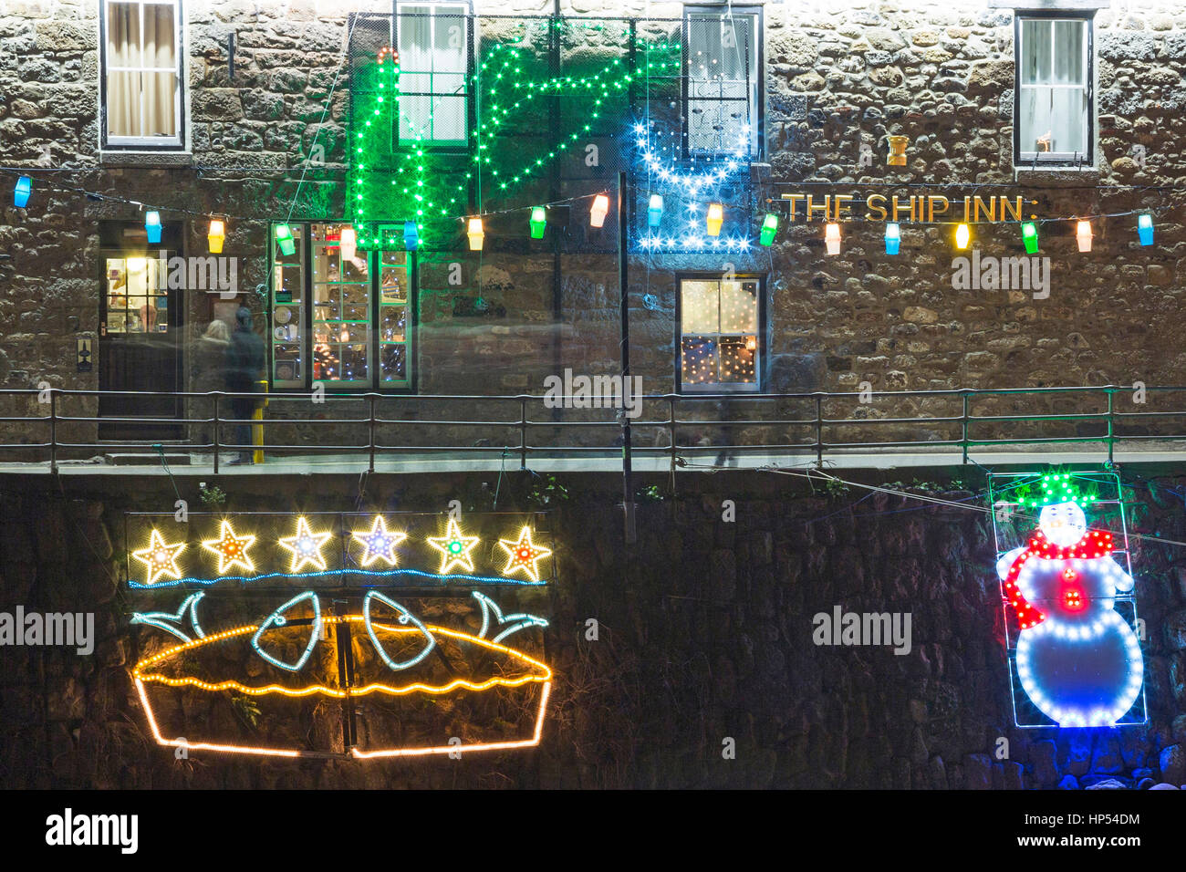 Ship Inn, Mousehole Christmas Lights, Cornwall, England, UK Stock Photo