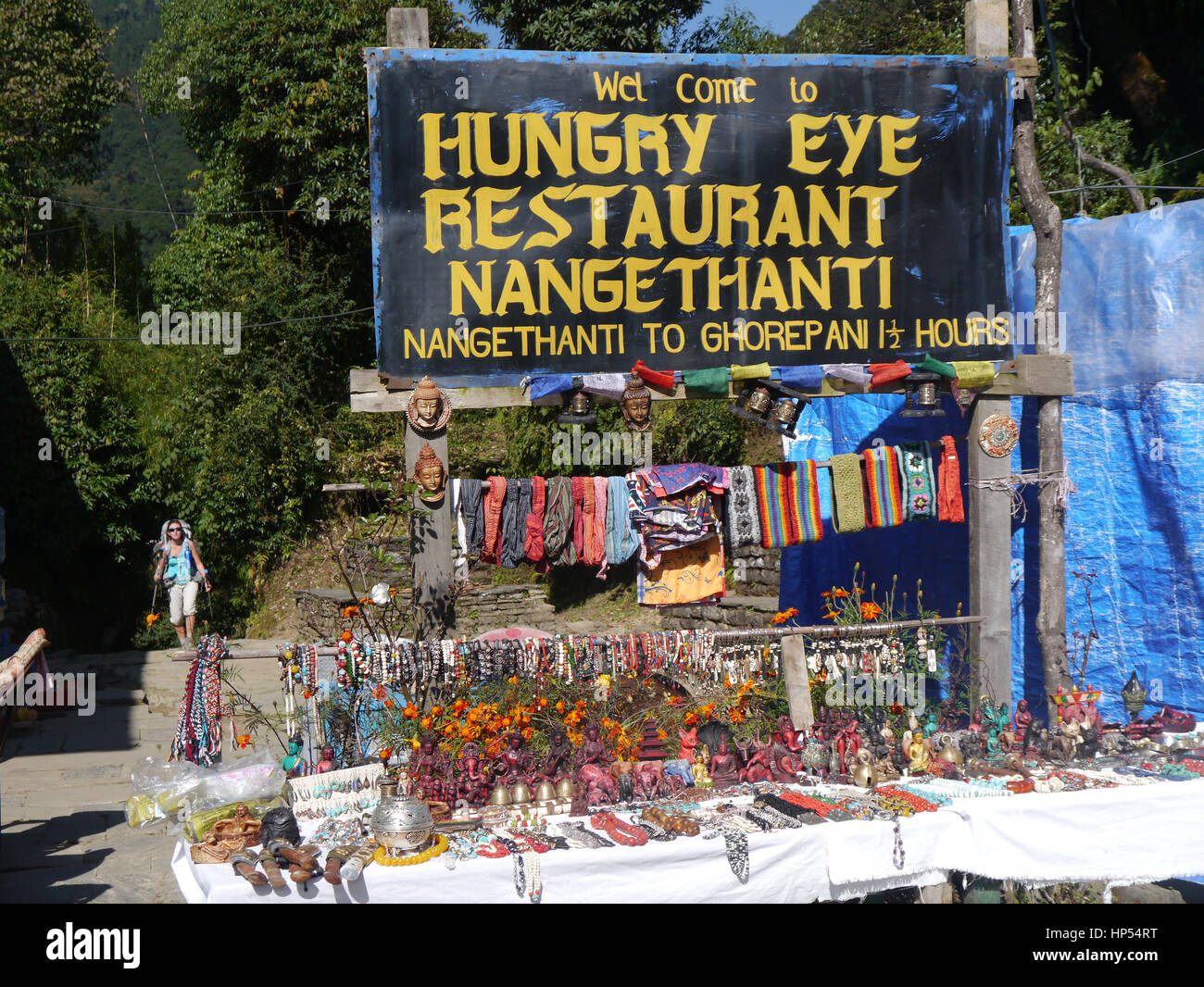 Tourist Souvenir Stall at the Hungry Eye Restaurant in Nangethanti near Ghorepani in the Annapurna Sanctuary, Himalayas, Nepal, Asia Stock Photo