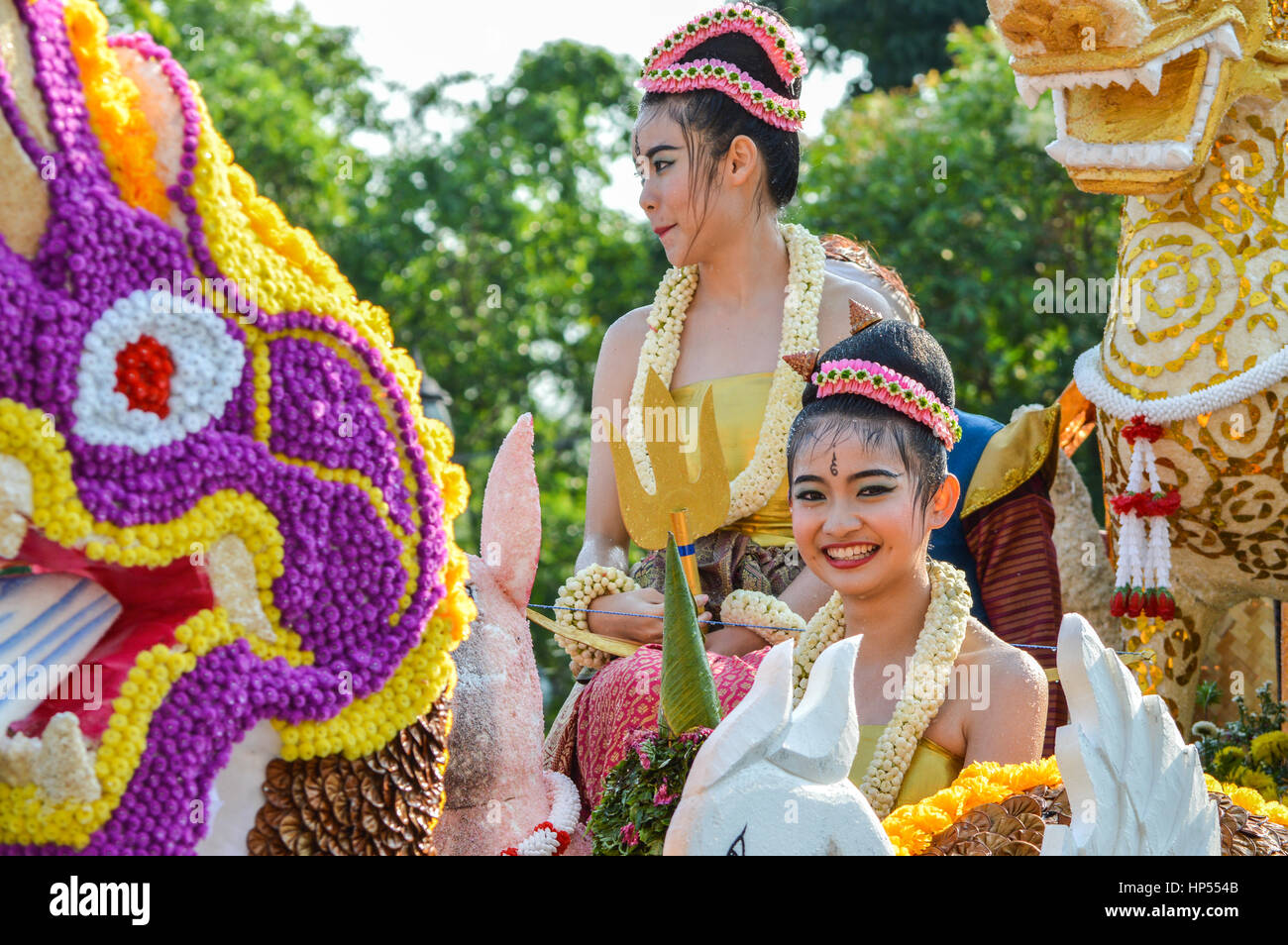 Chiang Rai, Thailand - April 12, 2015 : The Songkran festival parade. Songkran is the holiday known for its water festival. Stock Photo