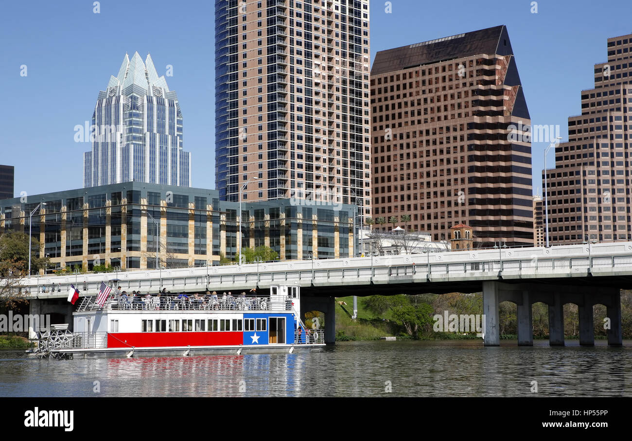 Austin, Texas: view on downtown and Colorado River with tourist boat Stock Photo
