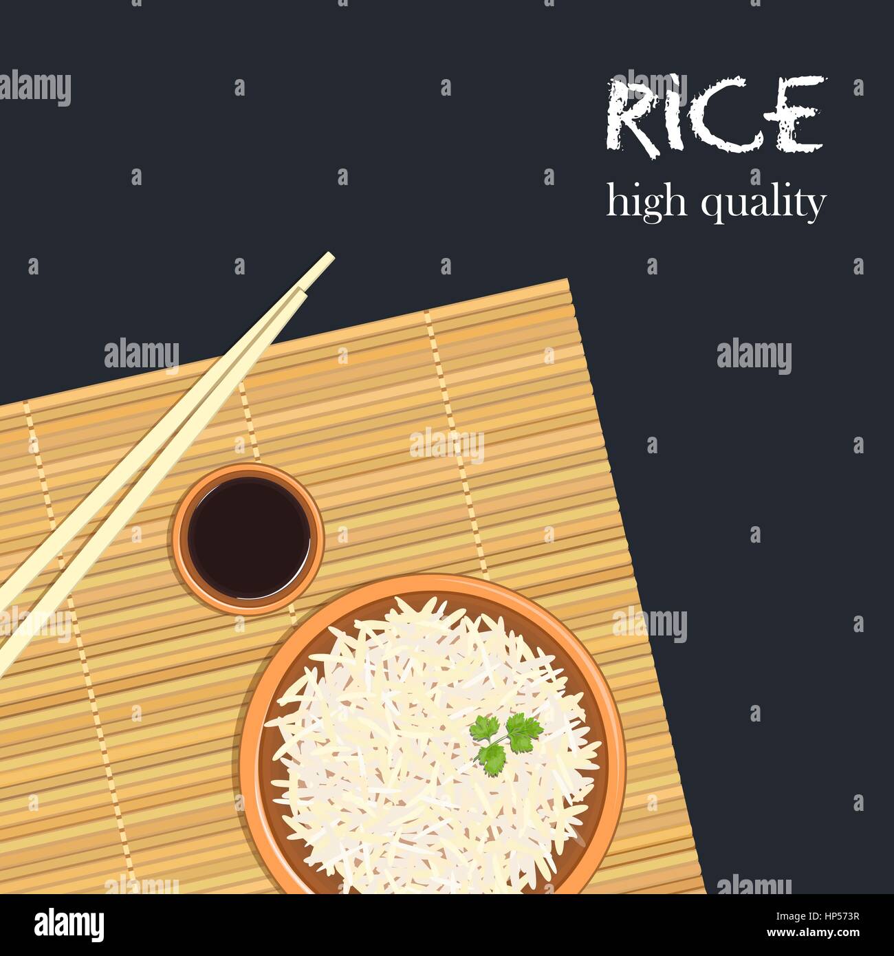 Rice in ceramic bowl with chopsticks. Kitchen bamboo mat, sauce tureen. Text high quality. Vector illustration. For culinary, cafe, fastfood, shop, re Stock Vector